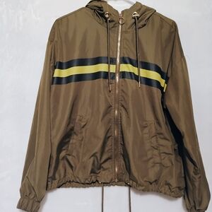 New Look Womens Large Olive Green Striped Hooded Windbreaker Jacket Full Zip